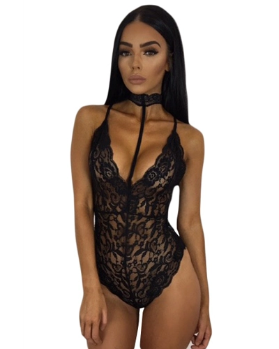 Black Choker Sheer Lace Teddy Bodysuit