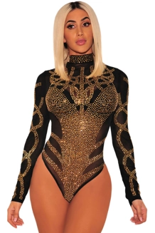 Black Long Sleeved Mesh Bodysuit with Gold Rhine.. Black Long Sleeved Mesh Bodysuit with Gold Rhine..