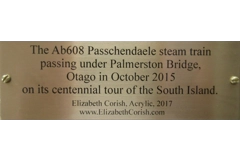 The Ab608 Passchendaele steam train passing under Palmerston Bridge, Otago in October 2015 on its centennial tour of the South Island.