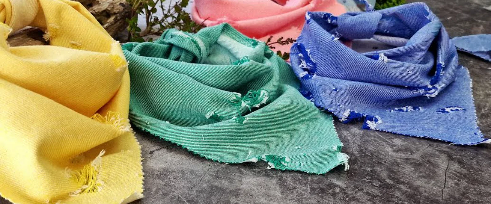 Frayed denim dog bandanas in yellow, green and blue on a log