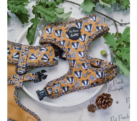 Woodland Badger Dog Harness - optional bow tie accessory