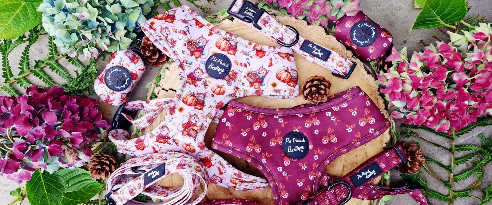 Harvest mouse and acorn dog harnesses, leads and poo bag holders