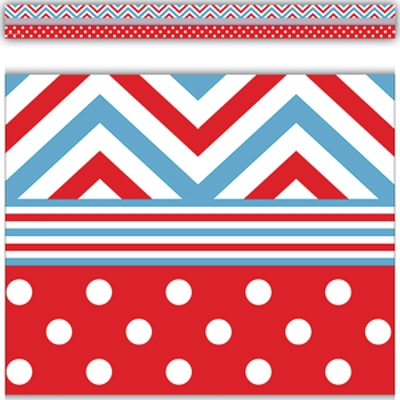 Red & Blue Chevrons and Dots Straight Border Trim