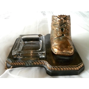 ANTIQUE PLATED BRONZE BRASS COPPER - BABY SHOES & ASH TRAY..