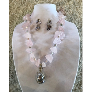 Chunky Raw Rose Quartz Pearl Necklace & Mica Pendant With ..