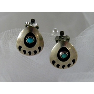 Sterling & Turquoise Indian Shadowbox Bear Paw Clip Earrings