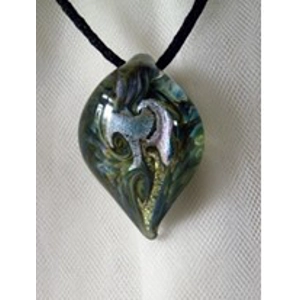 Galactic Midnight Blue & Green & Silver Art Glass Pendant
