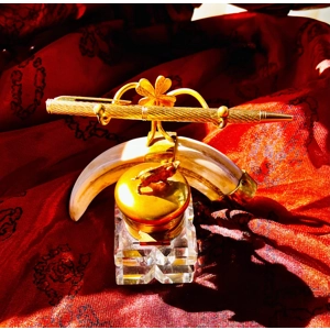 Glass Ink Well with Gold Pen and Boar Husk