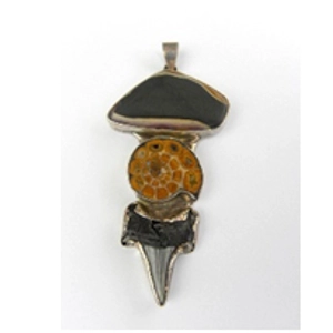 Jasper-Ammonite-Shark Tooth 925 Sterling Pendant