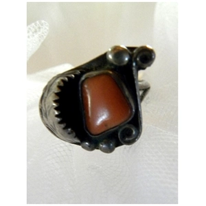 Old Pawn  Red Coral & Sterling Ring