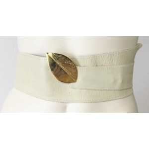 Cream Leather Belt with Gold Buckle