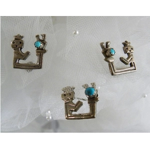 Old Pawn Navajo Sterling & Turquoise  Kokopeli  Pin & Earr..