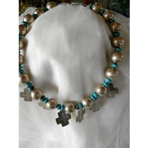 Silver & Turquoise Beaded  w/ Hand stamped  Cross Necklace..