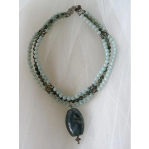 Moss Agate, Amazonite 3 Strand Cabochon Necklace w/ Sterli..