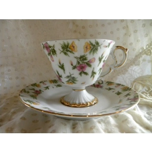 Old Bone China Pedestal Yellow & Pink Stencil Flowers Tea ..