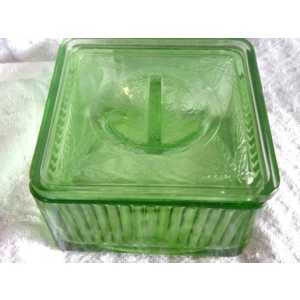 Rare Depression Glass Iridescent Green Butter Dish & Lid