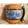 Antique Blue & Brown Relief Majolica Biscuit Barrel, Pitcher & Mugs