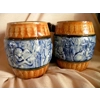 Antique Blue & Brown Relief Majolica Biscuit Barrel, Pitcher & Mugs
