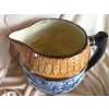 Antique Blue & Brown Relief Majolica Biscuit Barrel, Pitcher & Mugs