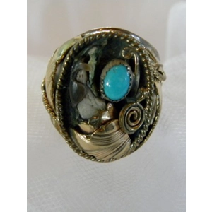 Turquoise, Bear Claw - Sterling & Brass Ring Size 11