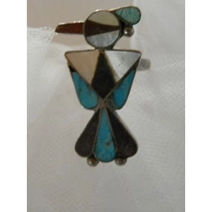 Mother of Pearl, Turquoise, Onyx, Coral & Sterling Hand Crafted Inlaid Zuni Thunderbird Ring