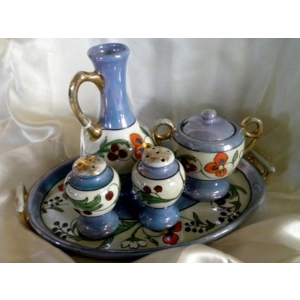 6 Piece Porcelain Lusterware Condiments S&P Tray with Must..