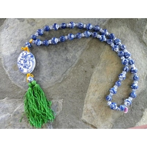 Asian Porcelain Lapis Blue Hand Painted Beaded Medallion N..