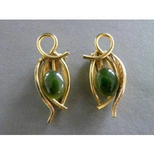 Vintage Gold Tone Jade Cabochon Clip Earrings