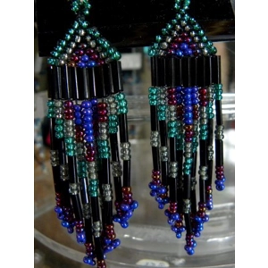 Native American Beaded Earrings Blue Black Ruby & Aqua