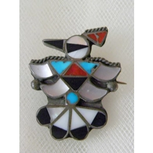 Sterling Onyx Coral Mother of Pearl & Turquoise Inlay Zuni..