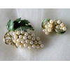 Vintage Enamel Leaf & Pearl Grape Cluster Gold Tone Brooch w/ Clip Earrings