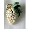 Vintage Enamel Leaf & Pearl Grape Cluster Gold Tone Brooch w/ Clip Earrings