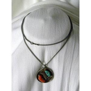 Vintage Old Pawn Stick Coral & Sleeping Beauty Turquoise & Sterling Pendant