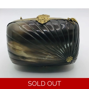 Vintage Carved Tortoise Shell Purse w/ Brass Trim & Chain