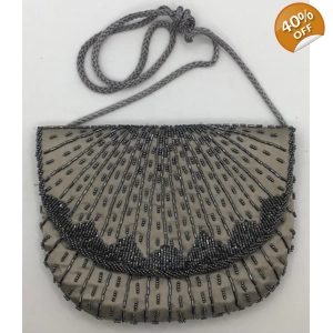 Vintage Grey Satin Beaded Designer Clutch with Rope Shoulder strap “Magid”