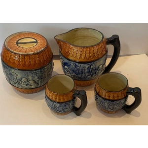 Antique Blue & Brown Relief Majolica Biscuit Barrel, Pitcher & Mugs