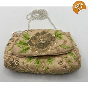 Beige Satin Beaded Designer Clutch w/ Snap & Beaded Shoulder Strap - Green Floral Silk Embroidery "Moyna"