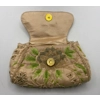 Beige Satin Beaded Designer Clutch w/ Snap & Beaded Shoulder Strap - Green Floral Silk Embroidery "Moyna"