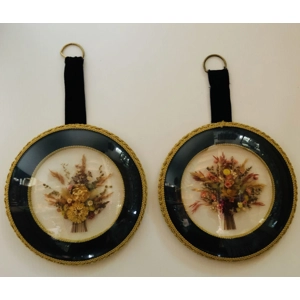 Art Deco Hand Placed Dried Floral’s Pair in Convex Glass 