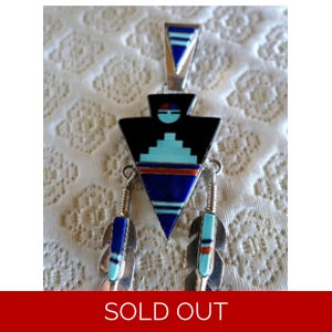 Zuni Turquoise-Onyx-Coral-Lapis Inlay Pendant