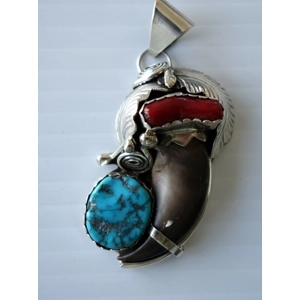 Turquoise Coral Bear Claw & Sterling Old Pawn Pendant