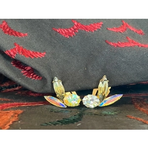 Vintage Aurora Borealis Rainbow Iridescent AB Rhinestone Clip On Earrings