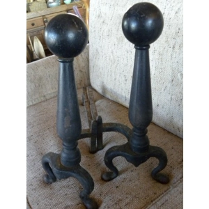 Antique Vintage Cast Iron Metal Brass Cannon Ball Andirons..
