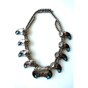 Vintage Old Pawn Bear Claw Coral Turquoise Sterling Necklace