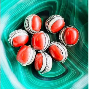 Single Tibetan Sterling Silver & Coral Beads