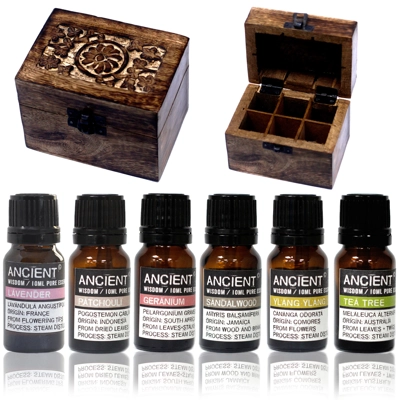 Aromatherapy Set - 6 Essential Oils and Hand Carved Box