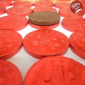 Milk Chocolate Coins in Red Foil Wrappers Novelty Money Sweets