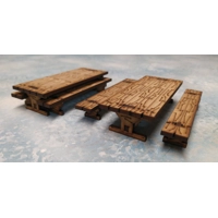 WOODEN TRESTLE TABLES AND BENCH SEATS