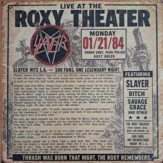 Slayer Death Is What We Pray LP Live At The Roxy Theater, January 21, 1984
