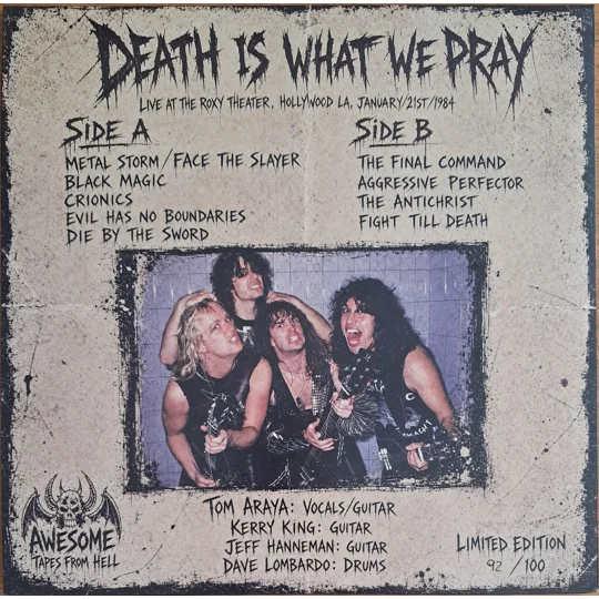 Slayer Death Is What We Pray LP Live At The Roxy Theater, January 21, 1984